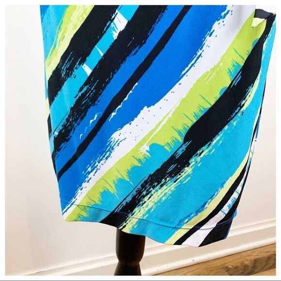 Tahari Bright Blue Multi Striped Side Draped Sleeveless Work Party Dress Sz 8 - Picture 6 of 13